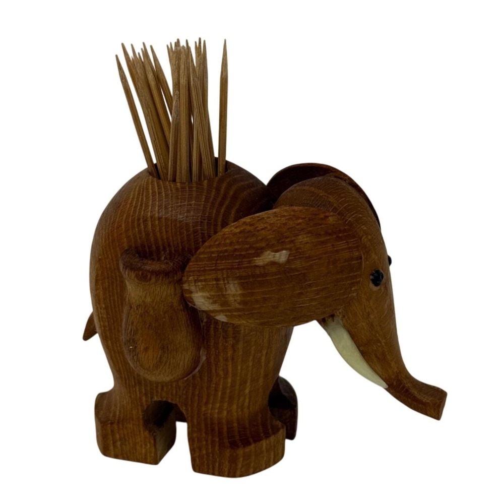 MCM Elephant Toothpick Holder Wood Bar Cart Pick Holder Appetizers, Cocktails E